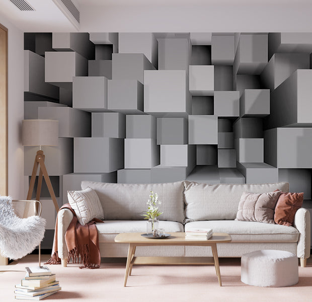 Peel & Stick 3D Illusion Wall Mural - Big Grey Blocks - Removable Wall Decals
