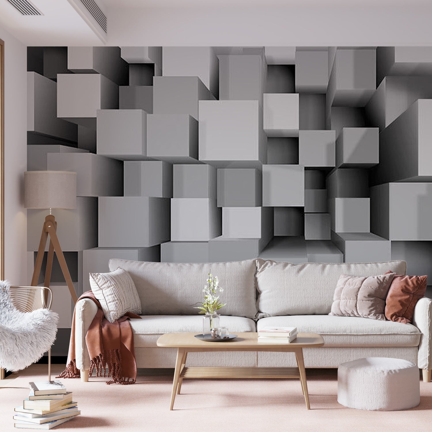 Peel & Stick 3D Illusion Wall Mural - Big Grey Blocks - Removable Wall Decals