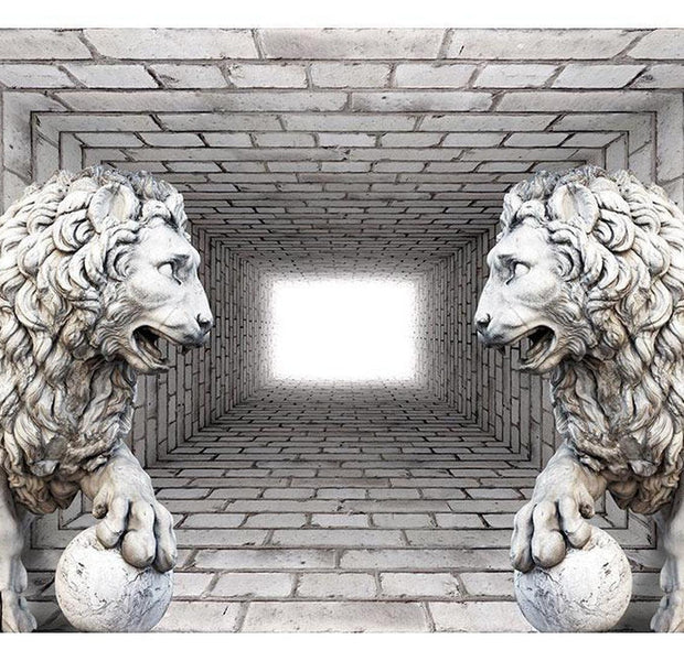 Peel & Stick 3D Illusion Wall Mural - Stone Lions - Removable Wall Decals