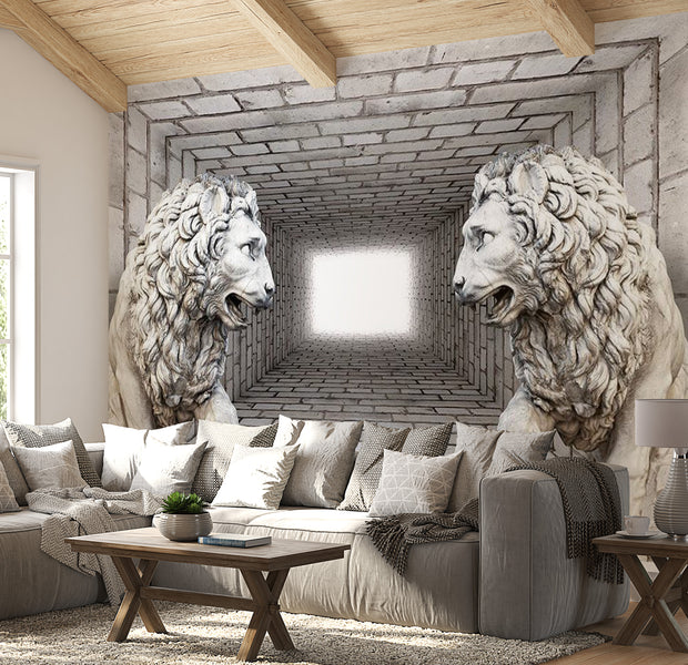 Peel & Stick 3D Illusion Wall Mural - Stone Lions - Removable Wall Decals