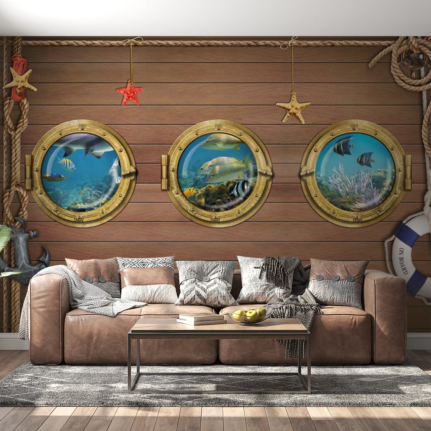 Peel & Stick Animal Wall Mural - Coastal Portholes on Wood - Removable Wall Decals