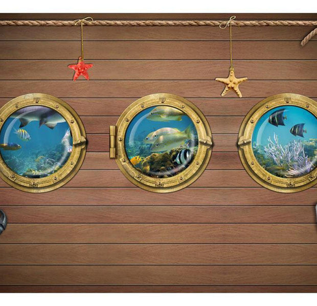 Peel & Stick Animal Wall Mural - Coastal Portholes on Wood - Removable Wall Decals