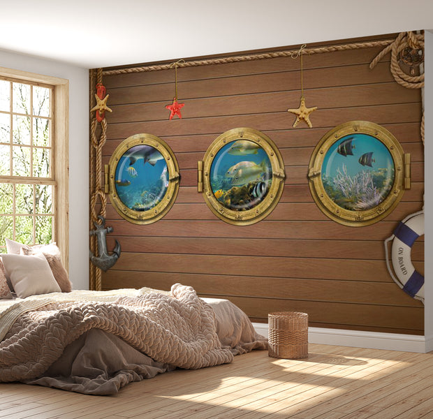 Peel & Stick Animal Wall Mural - Coastal Portholes on Wood - Removable Wall Decals