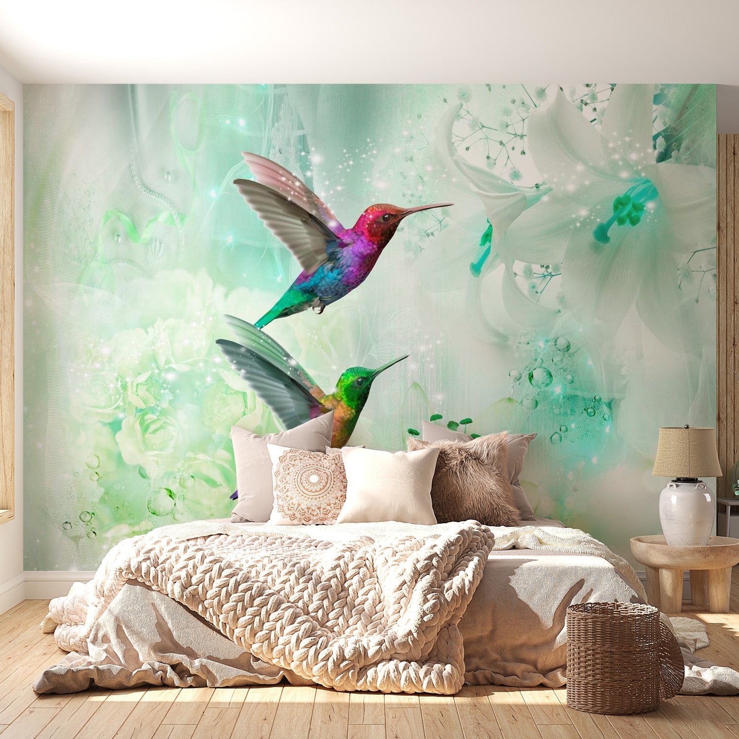 Animal Wallpaper Wall Mural - Colourful Hummingbirds Green