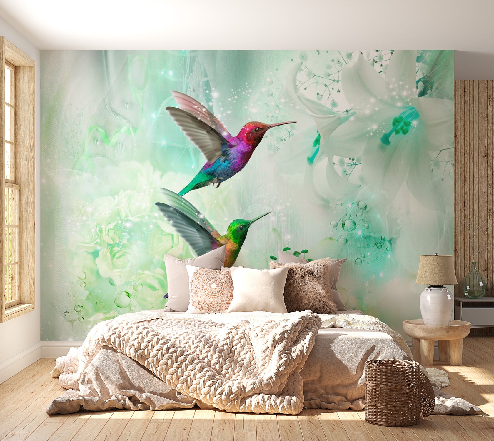 Peel & Stick Animal Wall Mural - Colourful Hummingbirds Green - Removable Wall Decals