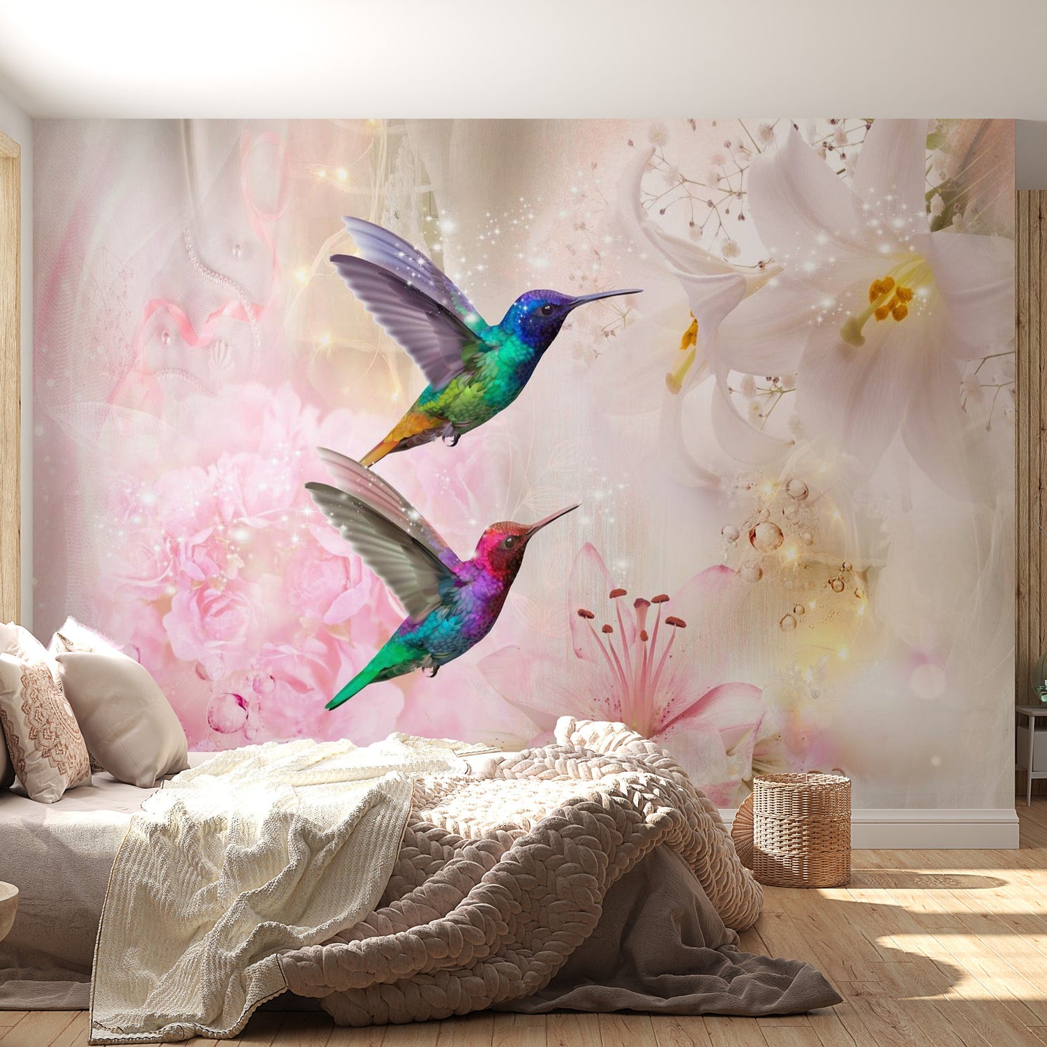 Animal Wallpaper Wall Mural - Colourful Hummingbirds Pink