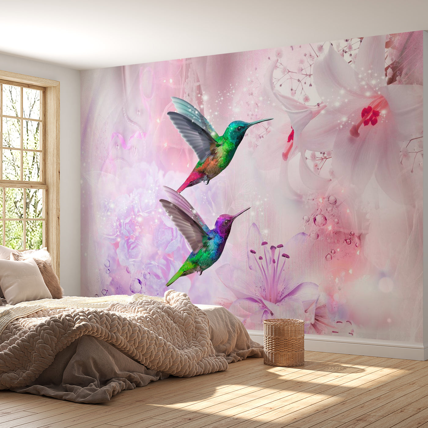 Peel & Stick Animal Wall Mural - Colourful Hummingbirds Purple - Removable Wall Decals