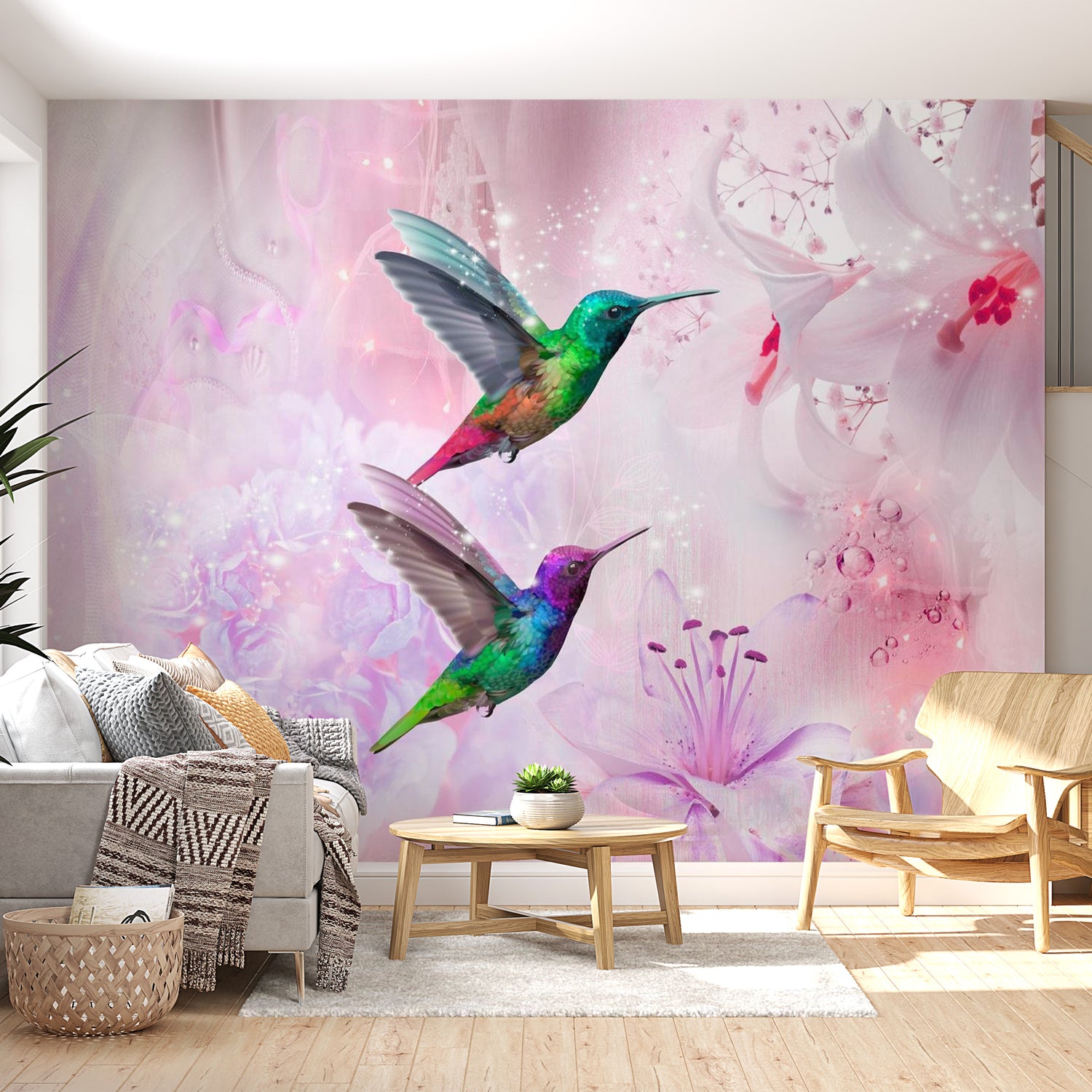 Peel & Stick Animal Wall Mural - Colourful Hummingbirds Purple - Removable Wall Decals