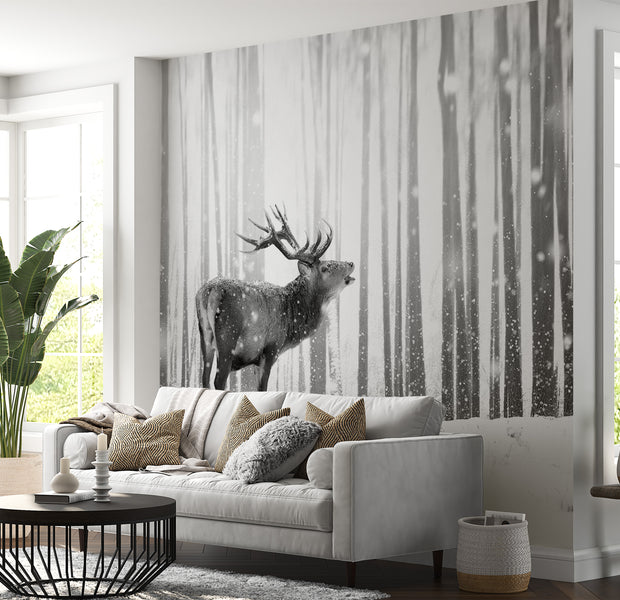 Peel & Stick Animal Wall Mural - Deer In The Snow Black And White - Removable Wall Decals