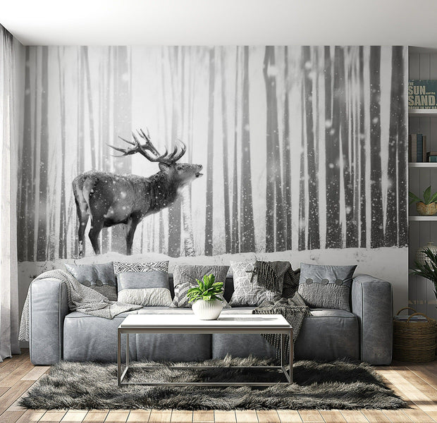 Peel & Stick Animal Wall Mural - Deer In The Snow Black And White - Removable Wall Decals