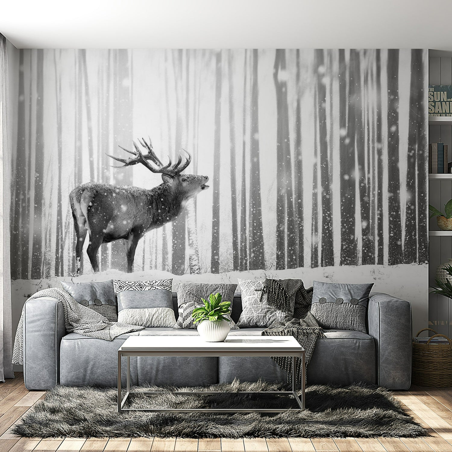 Peel & Stick Animal Wall Mural - Deer In The Snow Black And White - Removable Wall Decals