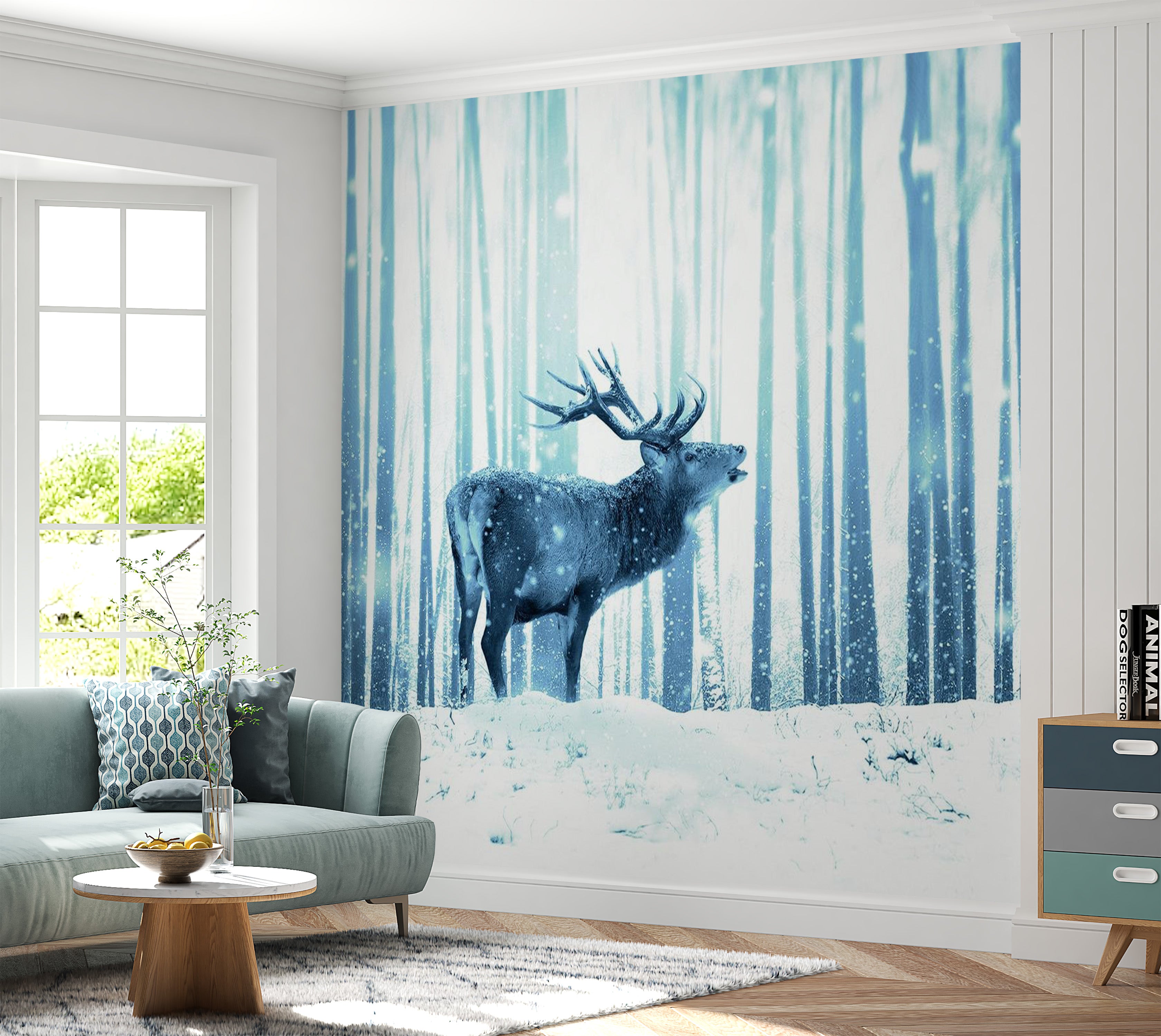 Peel & Stick Animal Wall Mural - Deer In The Snow Blue - Removable Wall Decals