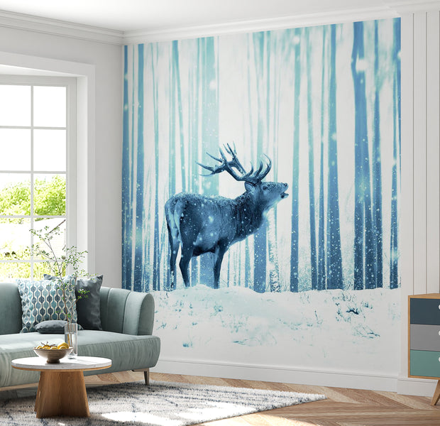 Peel & Stick Animal Wall Mural - Deer In The Snow Blue - Removable Wall Decals
