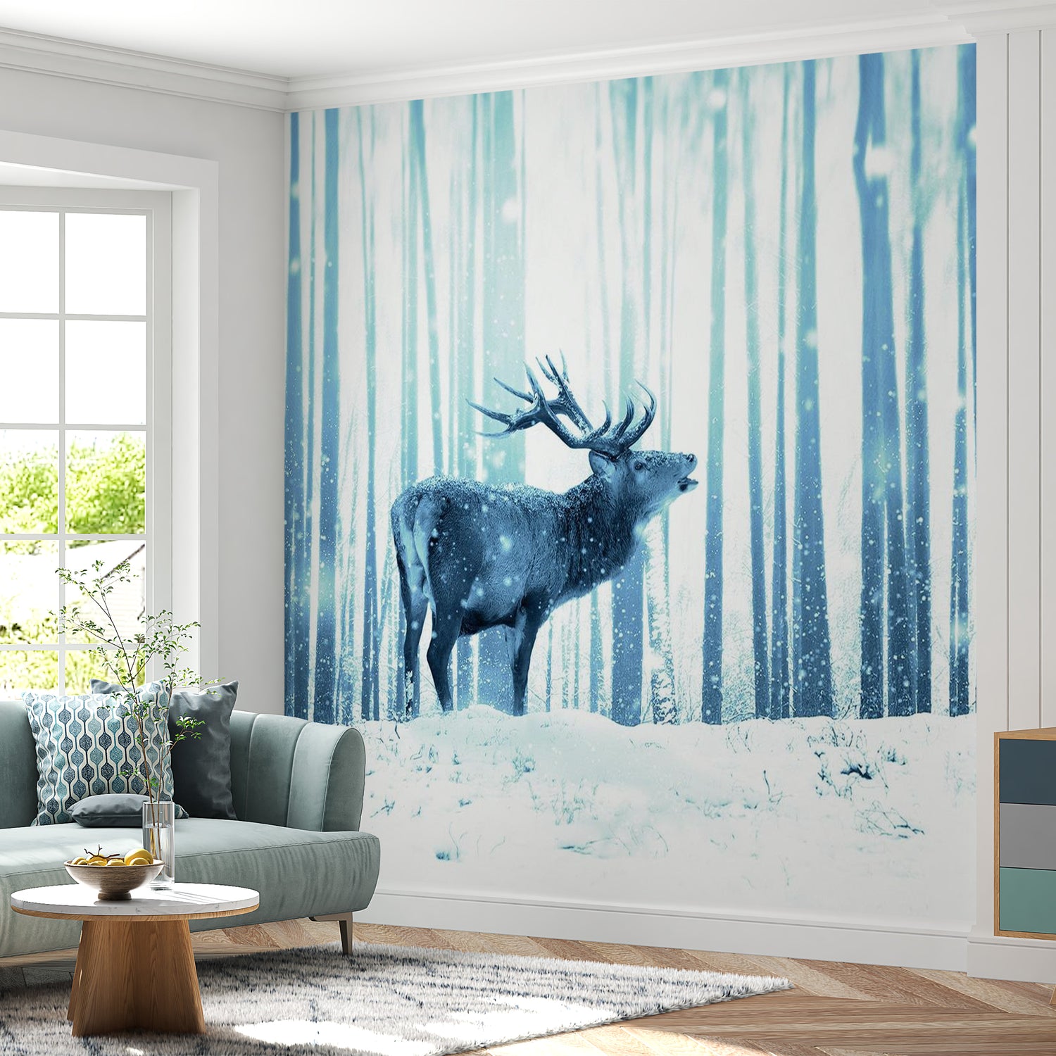 Peel & Stick Animal Wall Mural - Deer In The Snow Blue - Removable Wall Decals