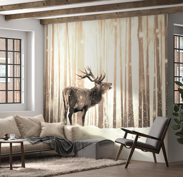 Peel & Stick Animal Wall Mural - Deer In The Snow Sepia - Removable Wall Decals