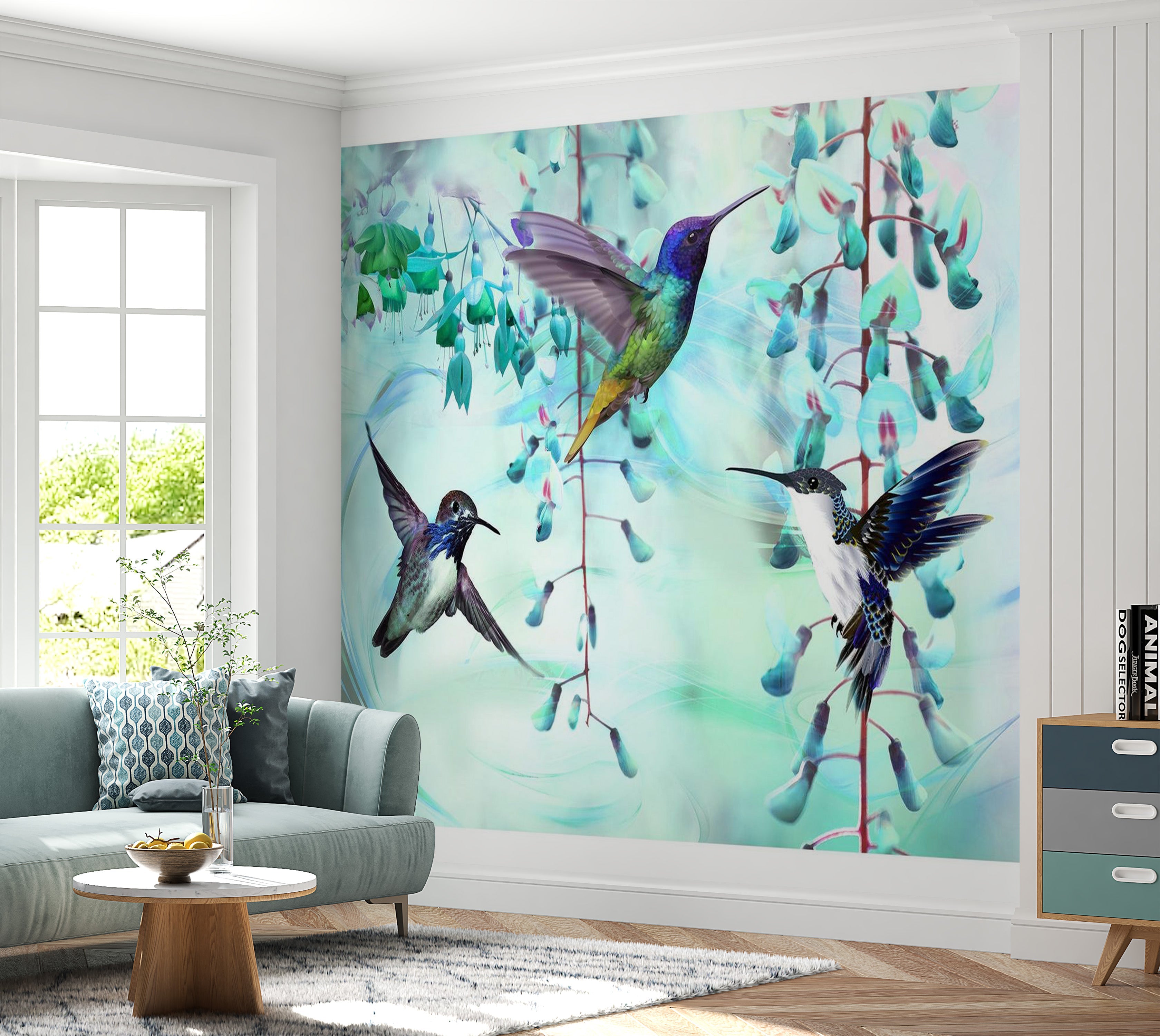 Animal Wallpaper Wall Mural - Flying Hummingbirds Green