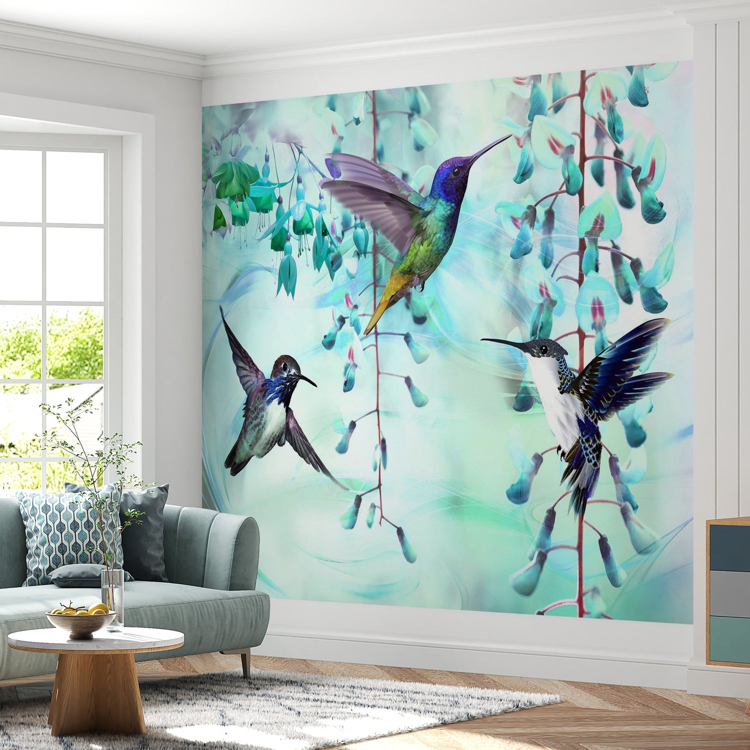 Animal Wallpaper Wall Mural - Flying Hummingbirds Green