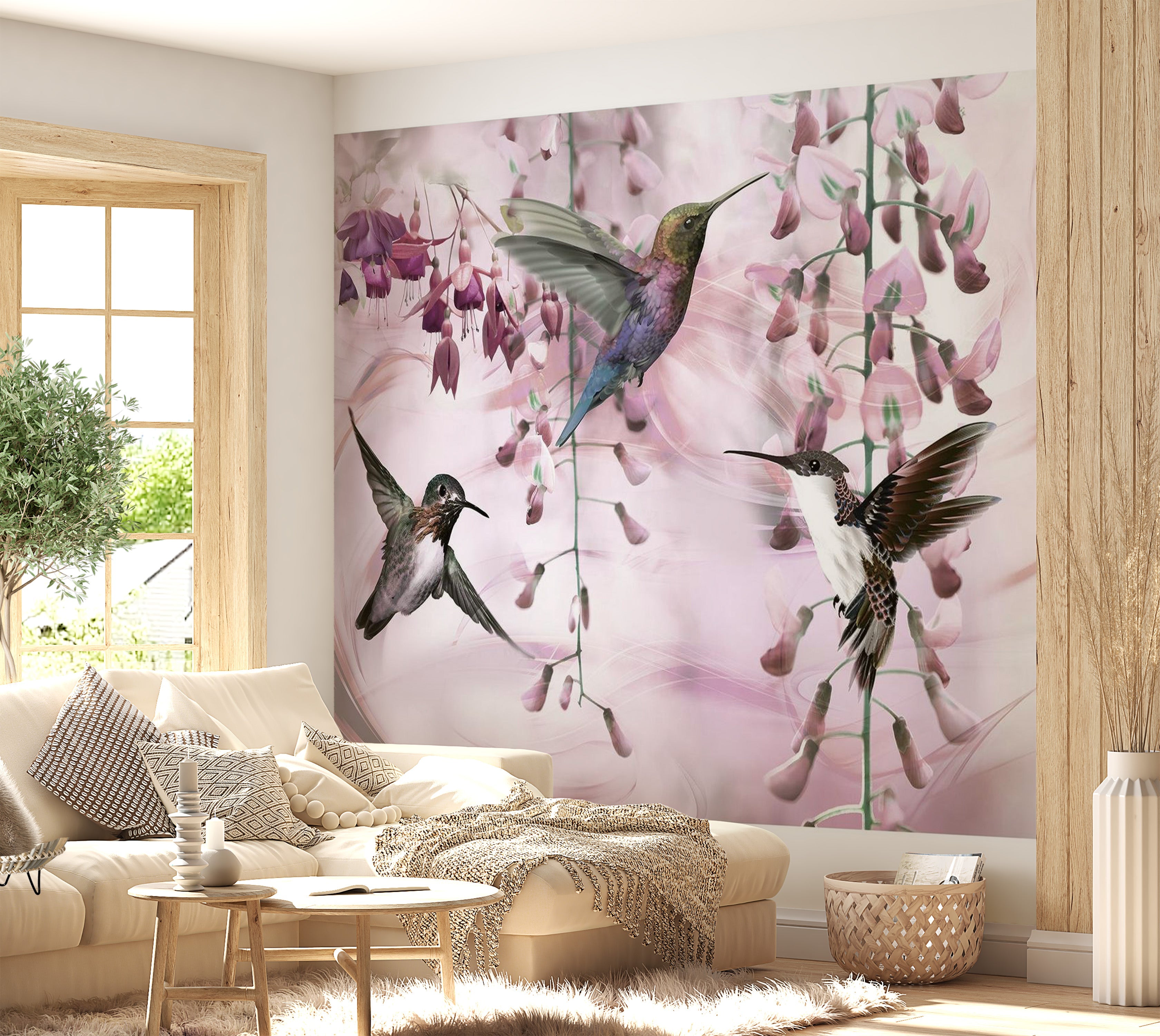 Animal Wallpaper Wall Mural - Flying Hummingbirds Pink