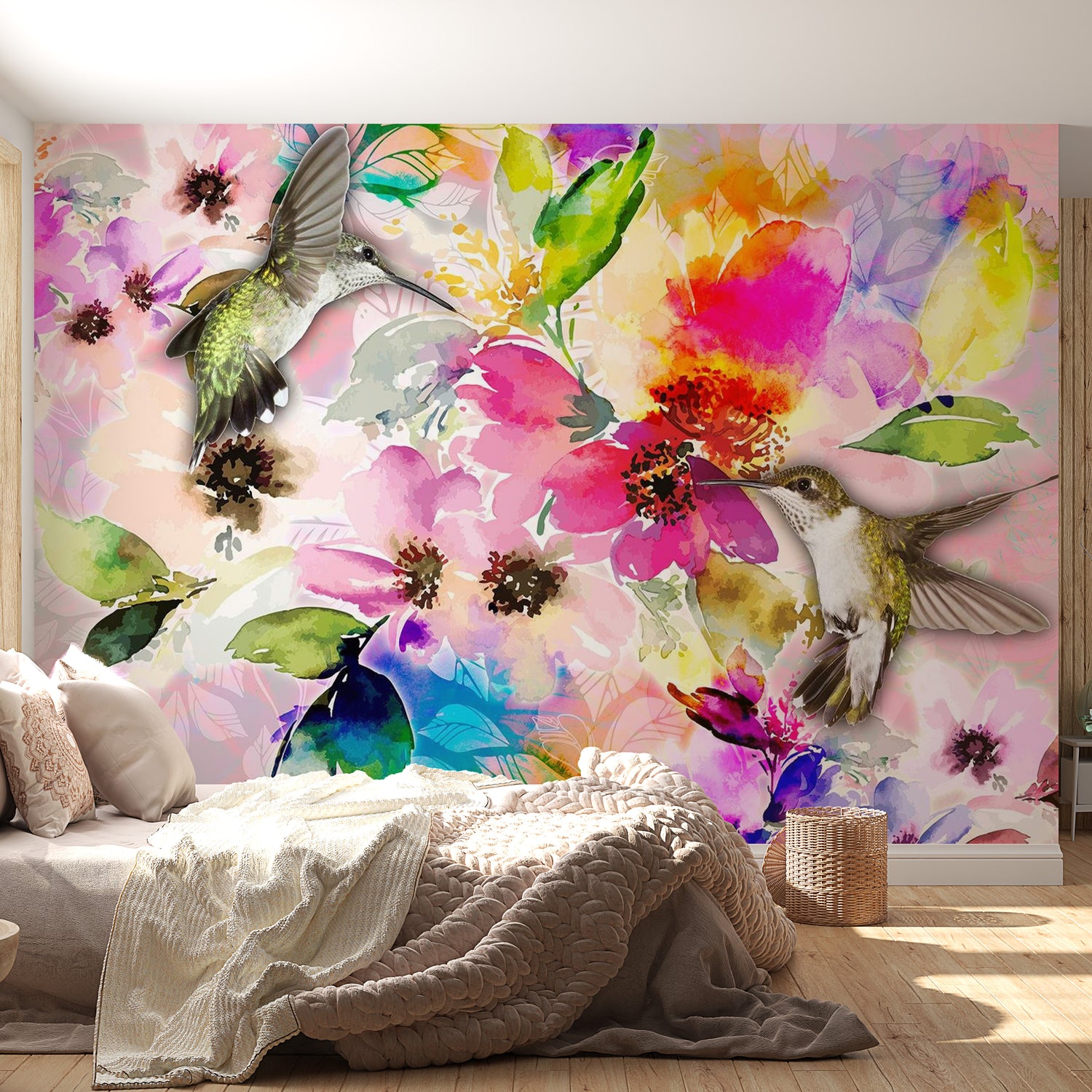 Peel & Stick Animal Wall Mural - Hummingbirds and Flowers - Removable Wall Decals