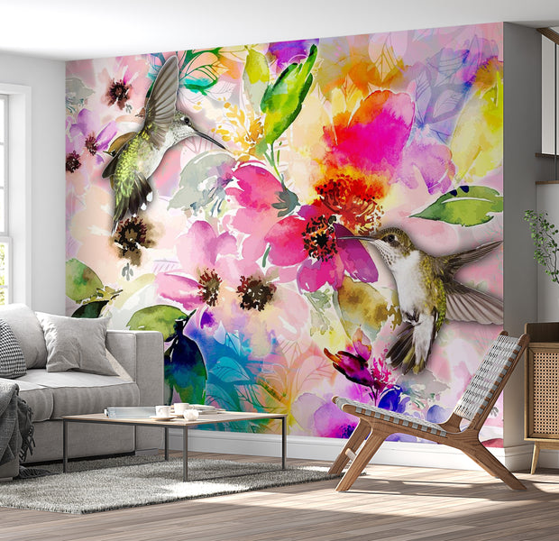Peel & Stick Animal Wall Mural - Hummingbirds and Flowers - Removable Wall Decals
