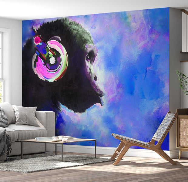 Peel & Stick Animal Wall Mural - Monkey With Headphone Blue- Removable Wall Decals