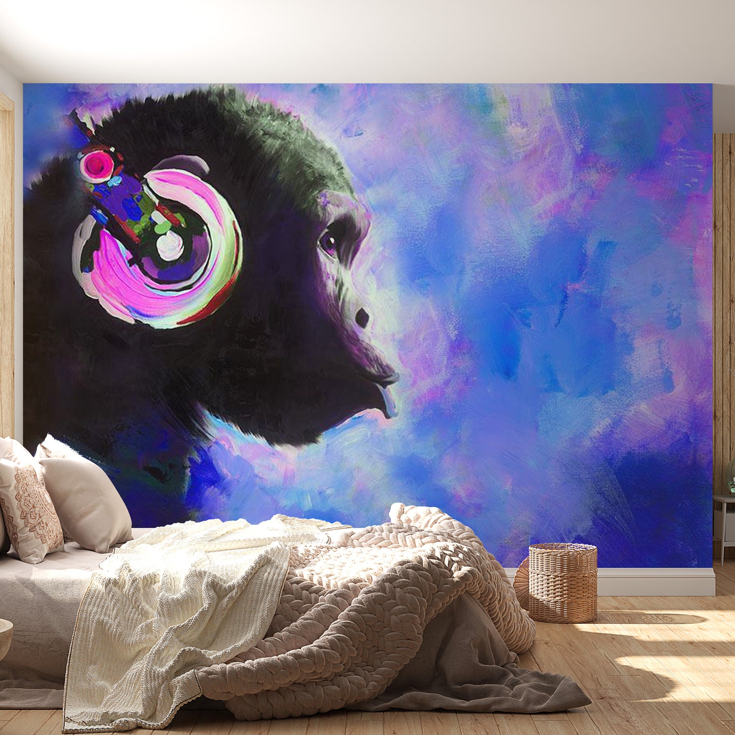 Peel & Stick Animal Wall Mural - Monkey With Headphone Blue- Removable Wall Decals