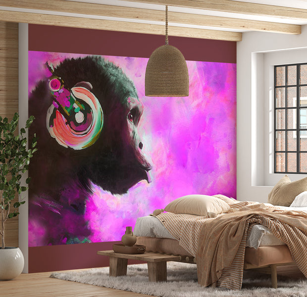 Peel & Stick Animal Wall Mural - Monkey With Headphone Pink - Removable Wall Decals
