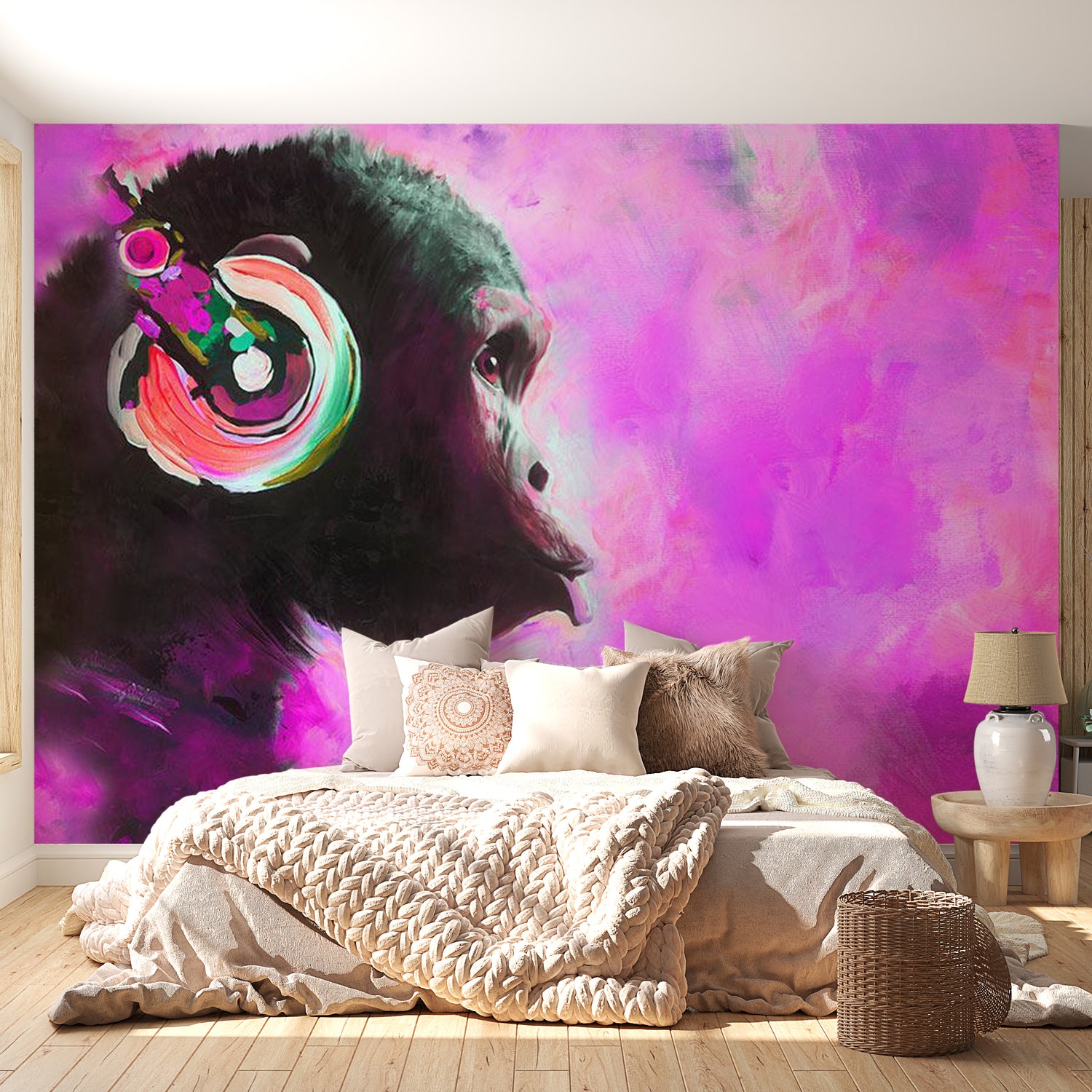 Peel & Stick Animal Wall Mural - Monkey With Headphone Pink - Removable Wall Decals
