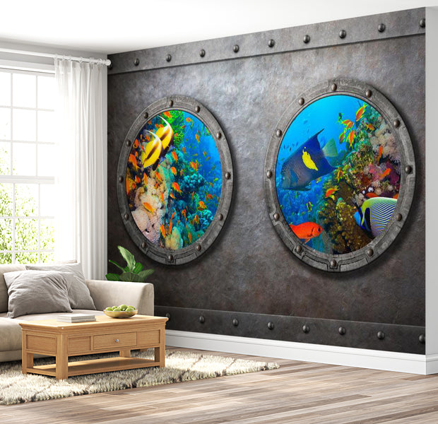 Peel & Stick Animal Wall Mural - Submarine Window Underwater World - Removable Wall Decals