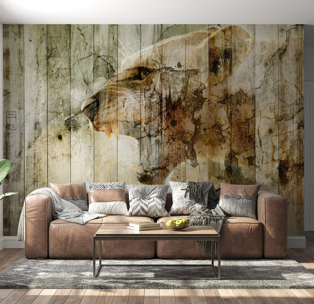 Peel & Stick Animal Wall Mural - Tiger on Distressed Wood - Removable Wall Decals