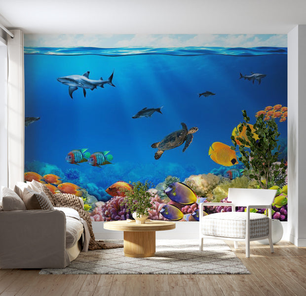 Peel & Stick Animal Wall Mural - Underwater World and Turtle - Removable Wall Decals