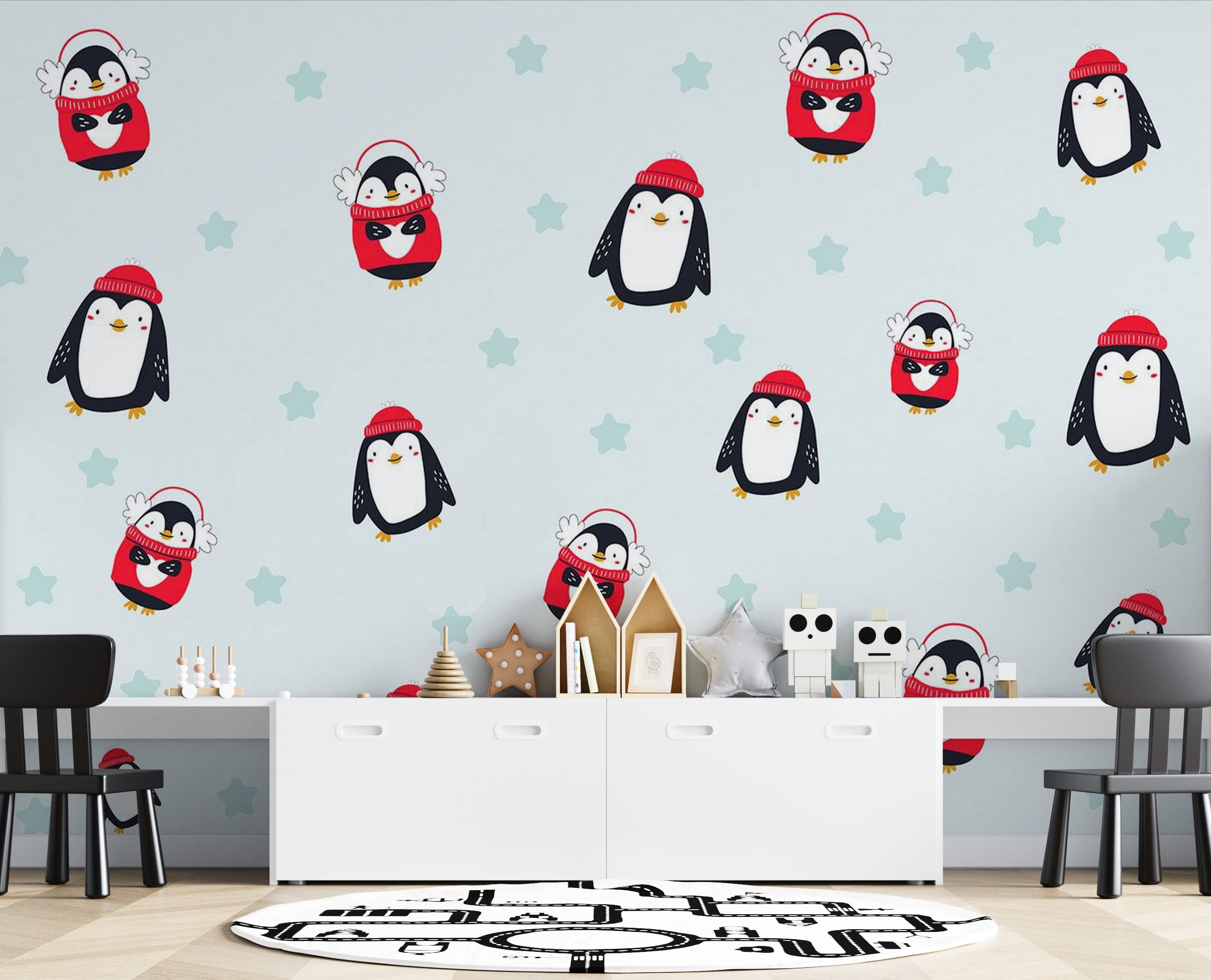 Peel & Stick Cartoon Wall Mural - Brawling Penguins - Removable Wall Decals