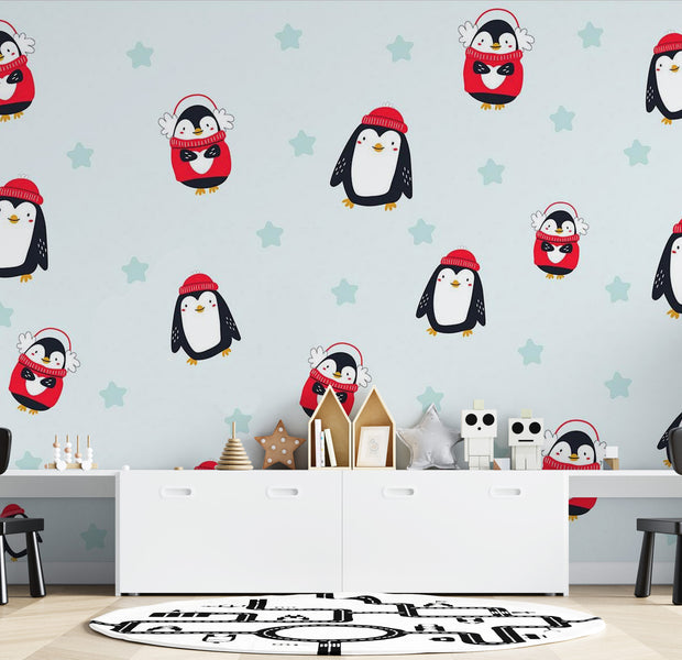 Peel & Stick Cartoon Wall Mural - Brawling Penguins - Removable Wall Decals