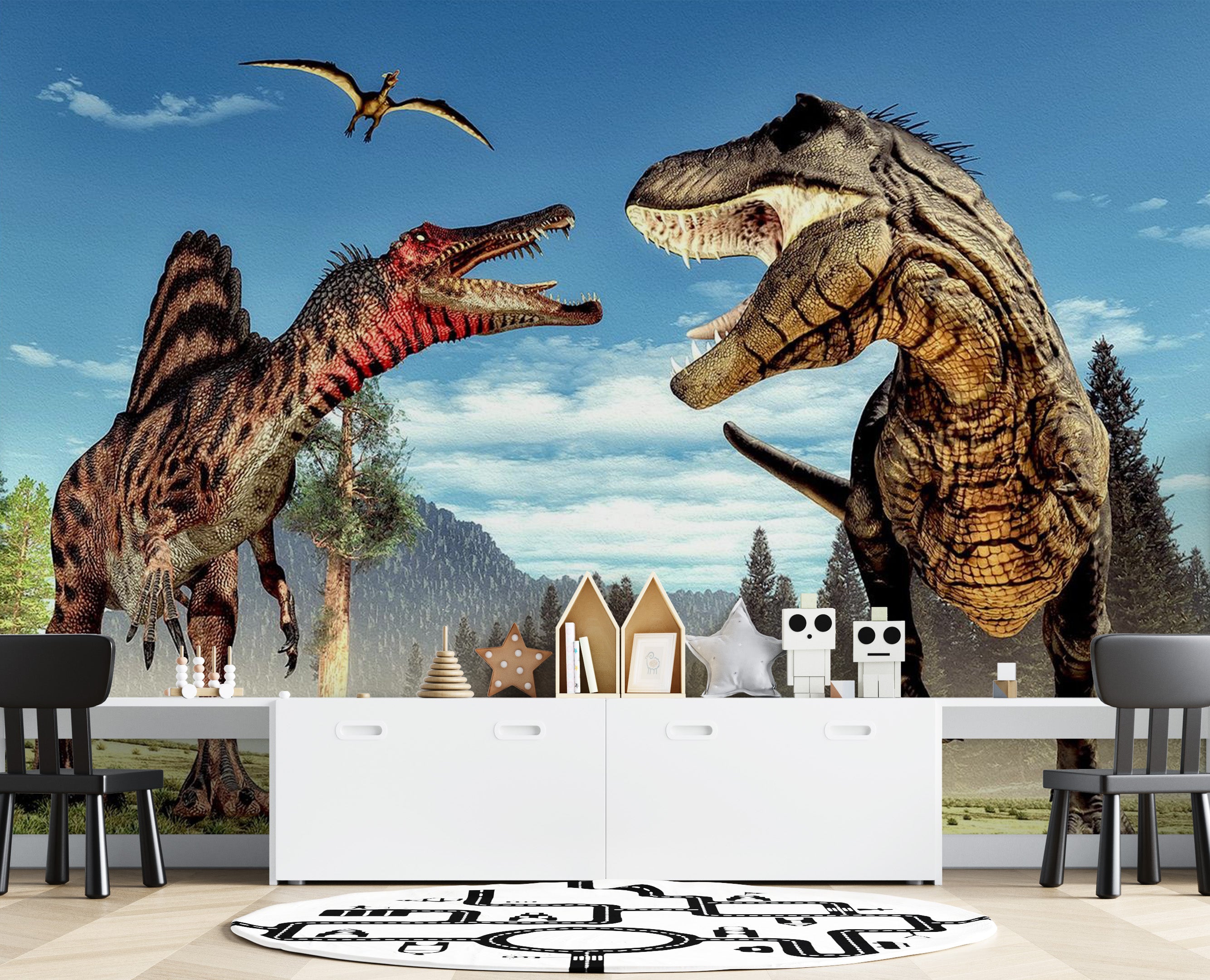 Peel & Stick Fiction Wall Mural - Fighting Dinosaurs - Removable Wall Decals