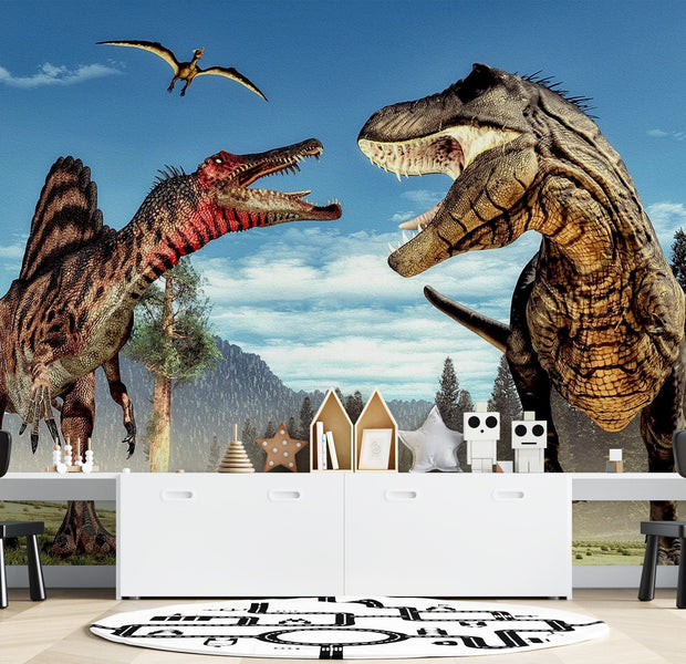Peel & Stick Fiction Wall Mural - Fighting Dinosaurs - Removable Wall Decals