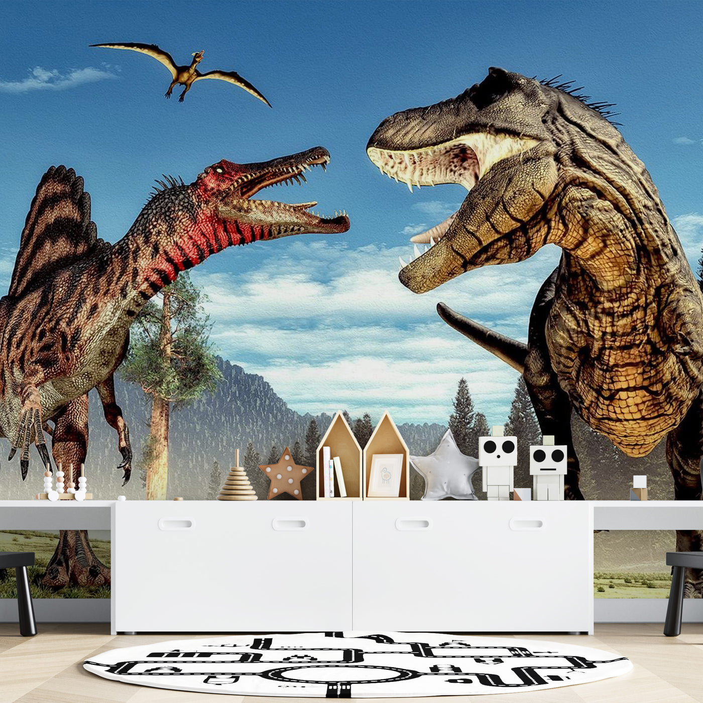 Peel & Stick Fiction Wall Mural - Fighting Dinosaurs - Removable Wall Decals