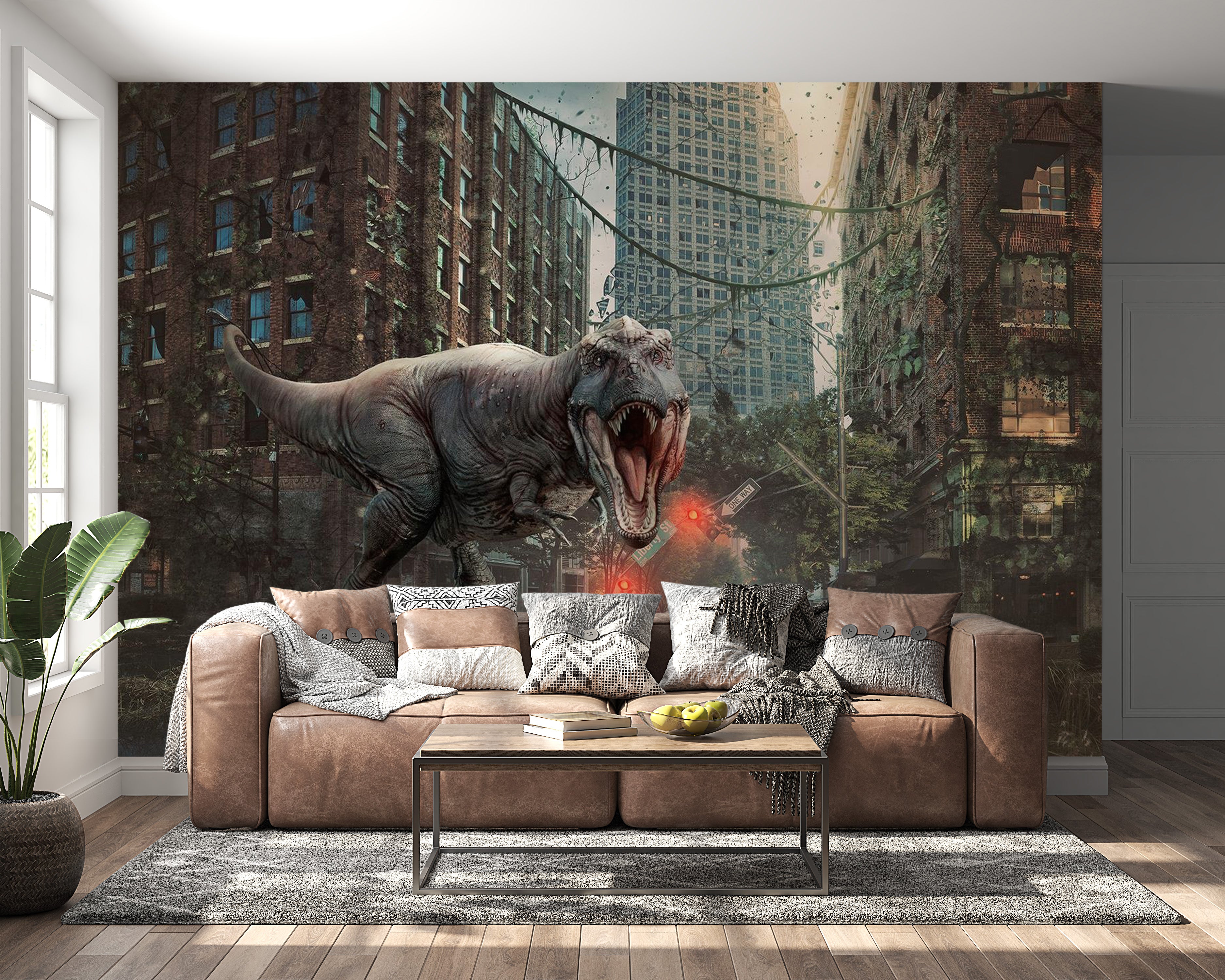 Peel & Stick Fiction Wall Mural - Dinosaur In The City - Removable Wall Decals