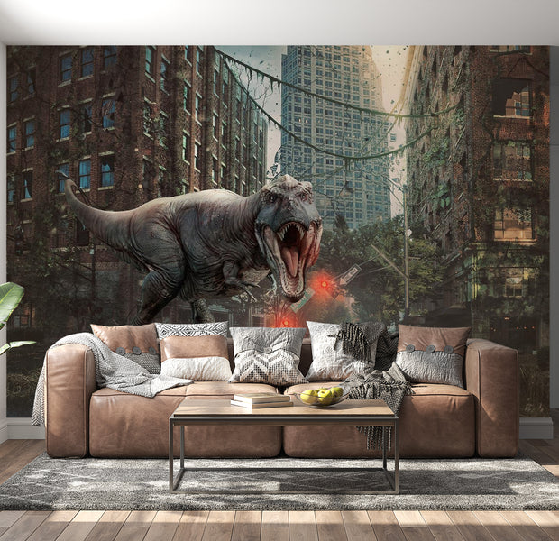 Peel & Stick Fiction Wall Mural - Dinosaur In The City - Removable Wall Decals