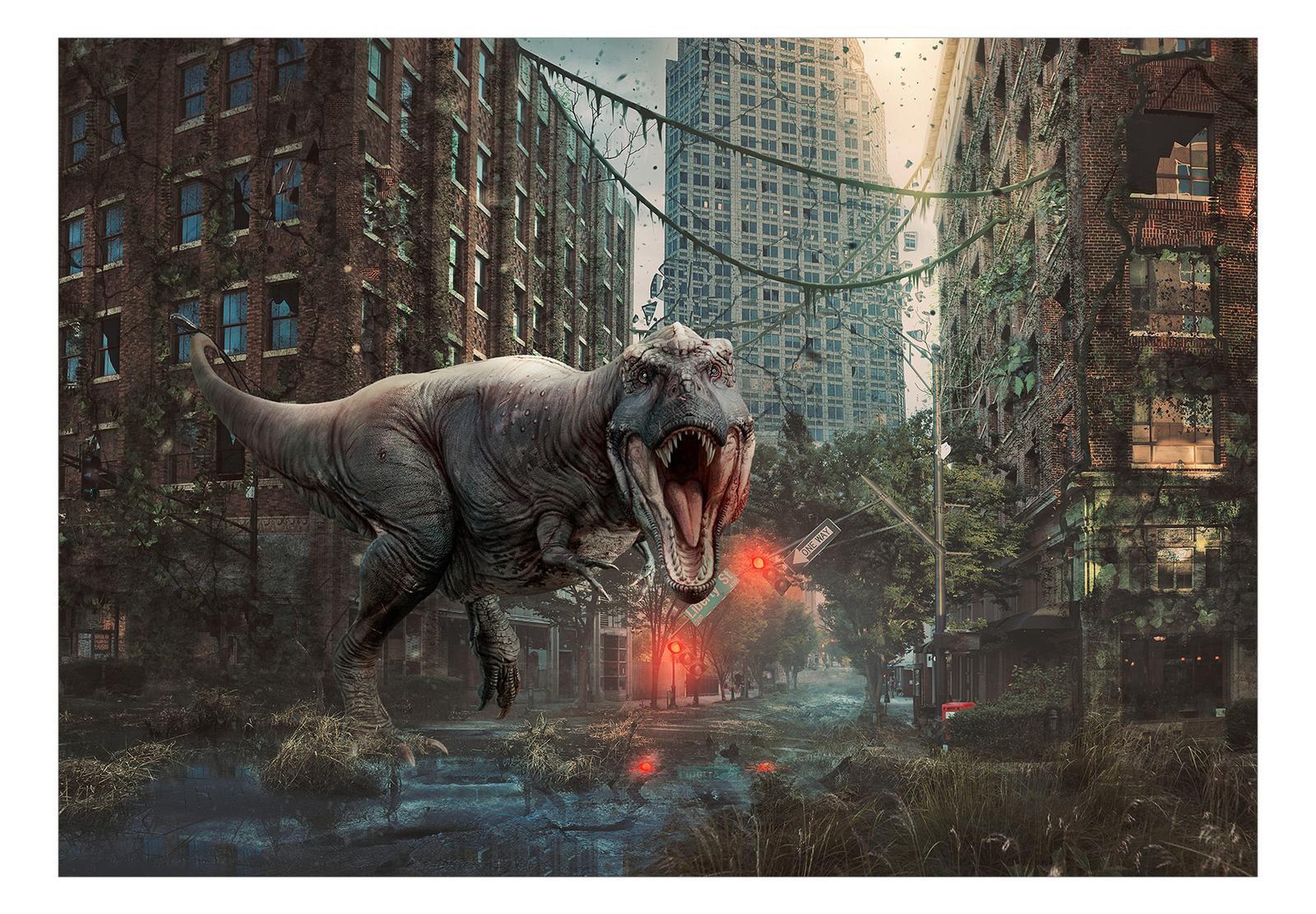 Peel & Stick Fiction Wall Mural - Dinosaur In The City - Removable Wall Decals