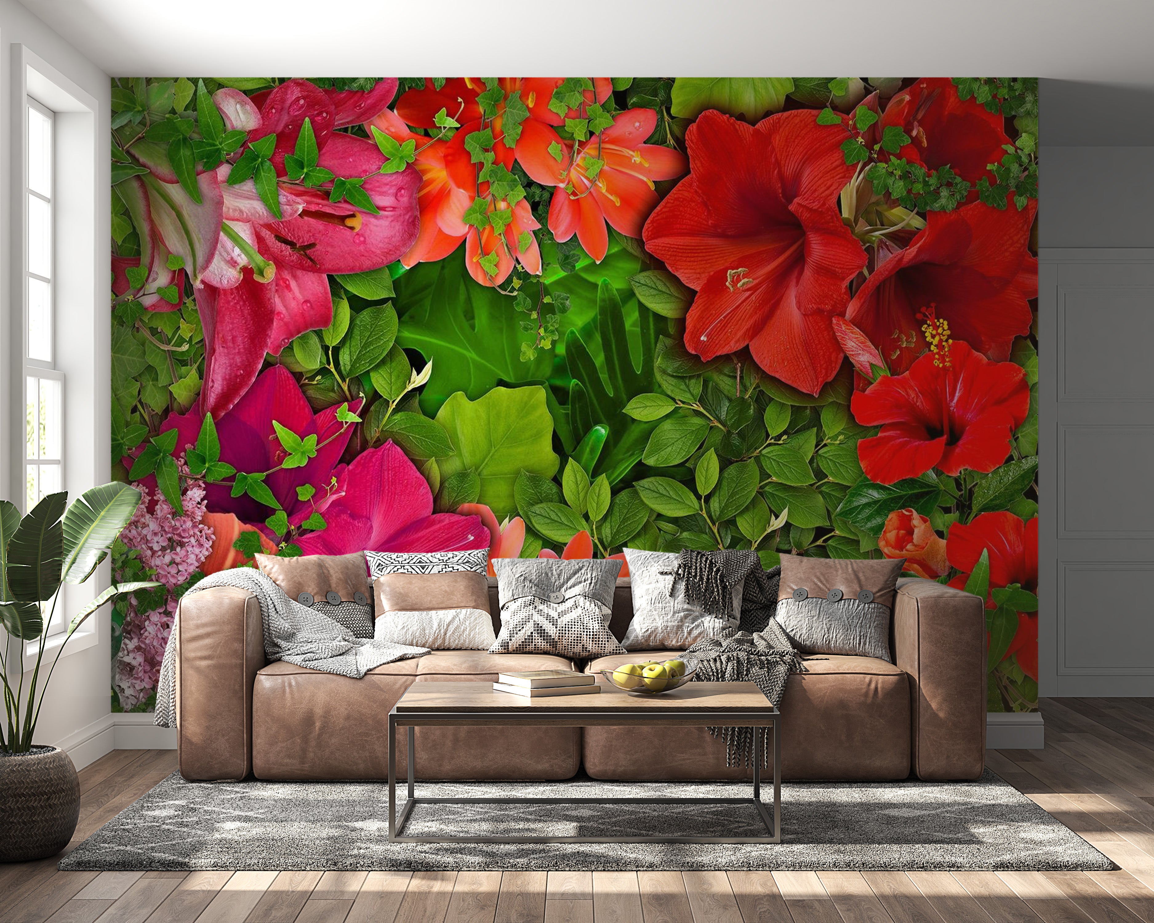 Peel & Stick Floral Wall Mural - Bright Flowers And Leaves - Removable Wall Decals