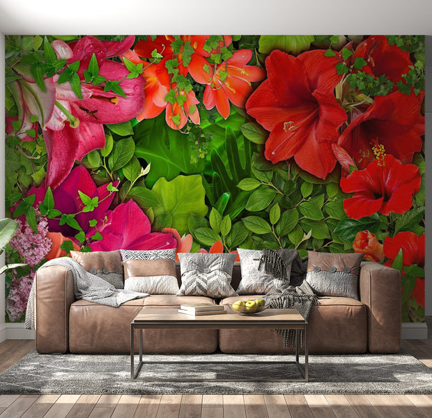 Peel & Stick Floral Wall Mural - Bright Flowers And Leaves - Removable Wall Decals