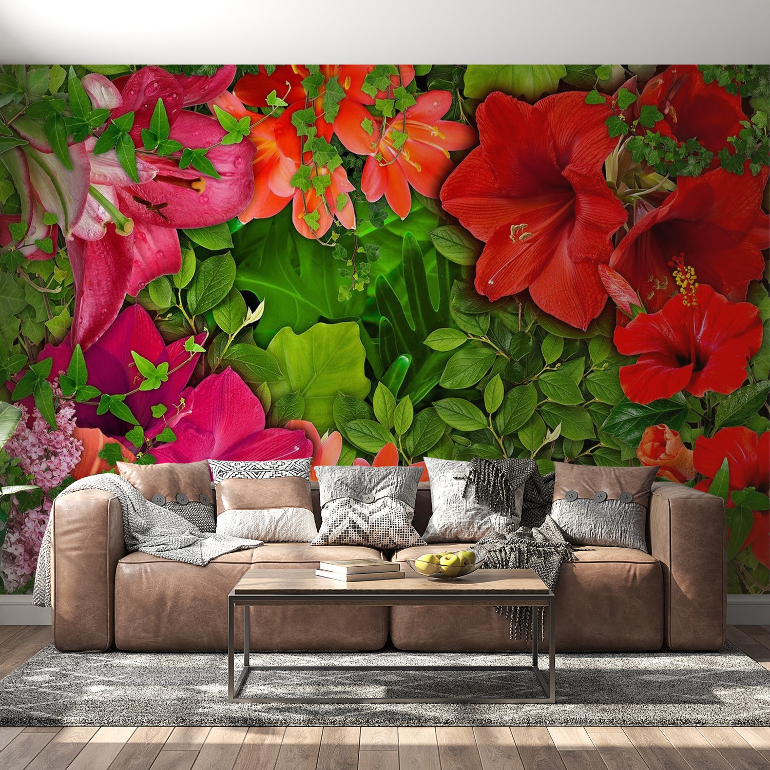 Peel & Stick Floral Wall Mural - Bright Flowers And Leaves - Removable Wall Decals