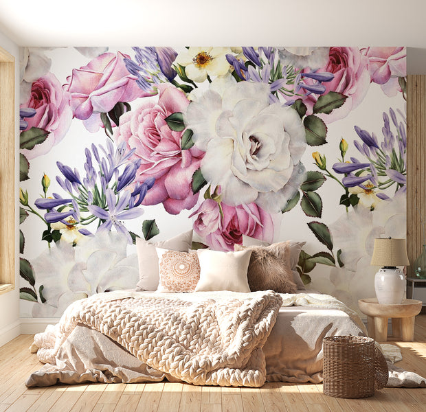 Peel & Stick Floral Wall Mural - Flowers On White Background - Removable Wall Decals
