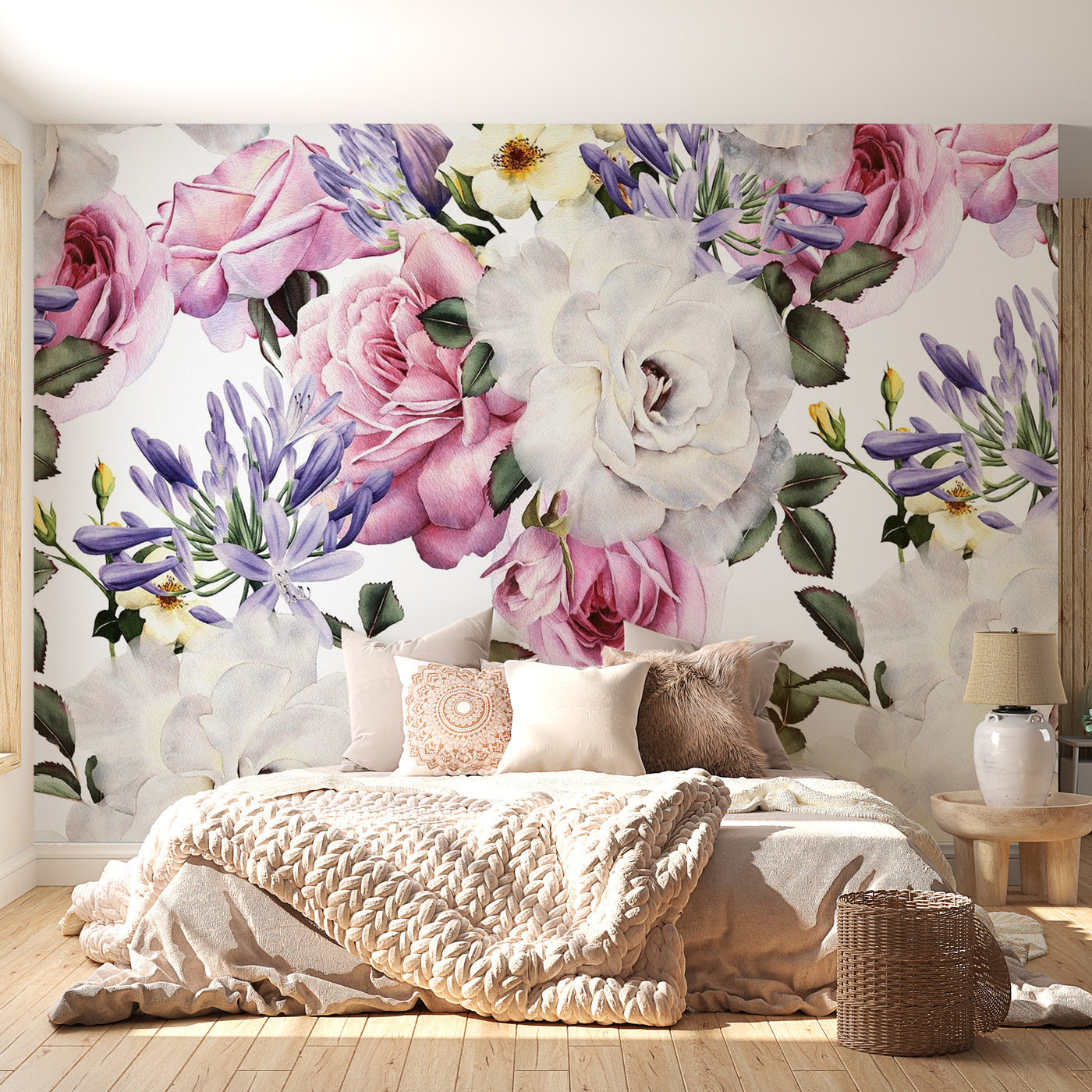 Peel & Stick Floral Wall Mural - Flowers On White Background - Removable Wall Decals