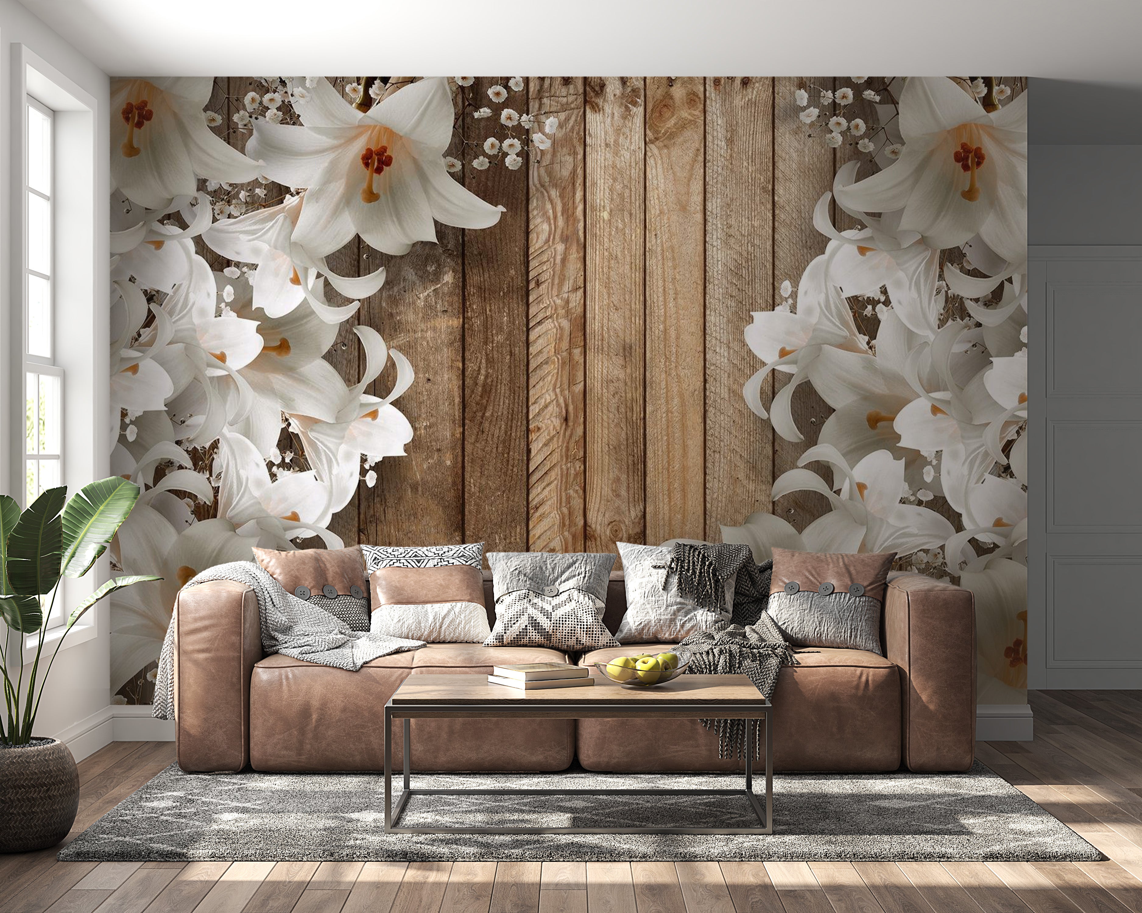 Peel & Stick Floral Wall Mural - Lilies And Wood Boards - Removable Wall Decals