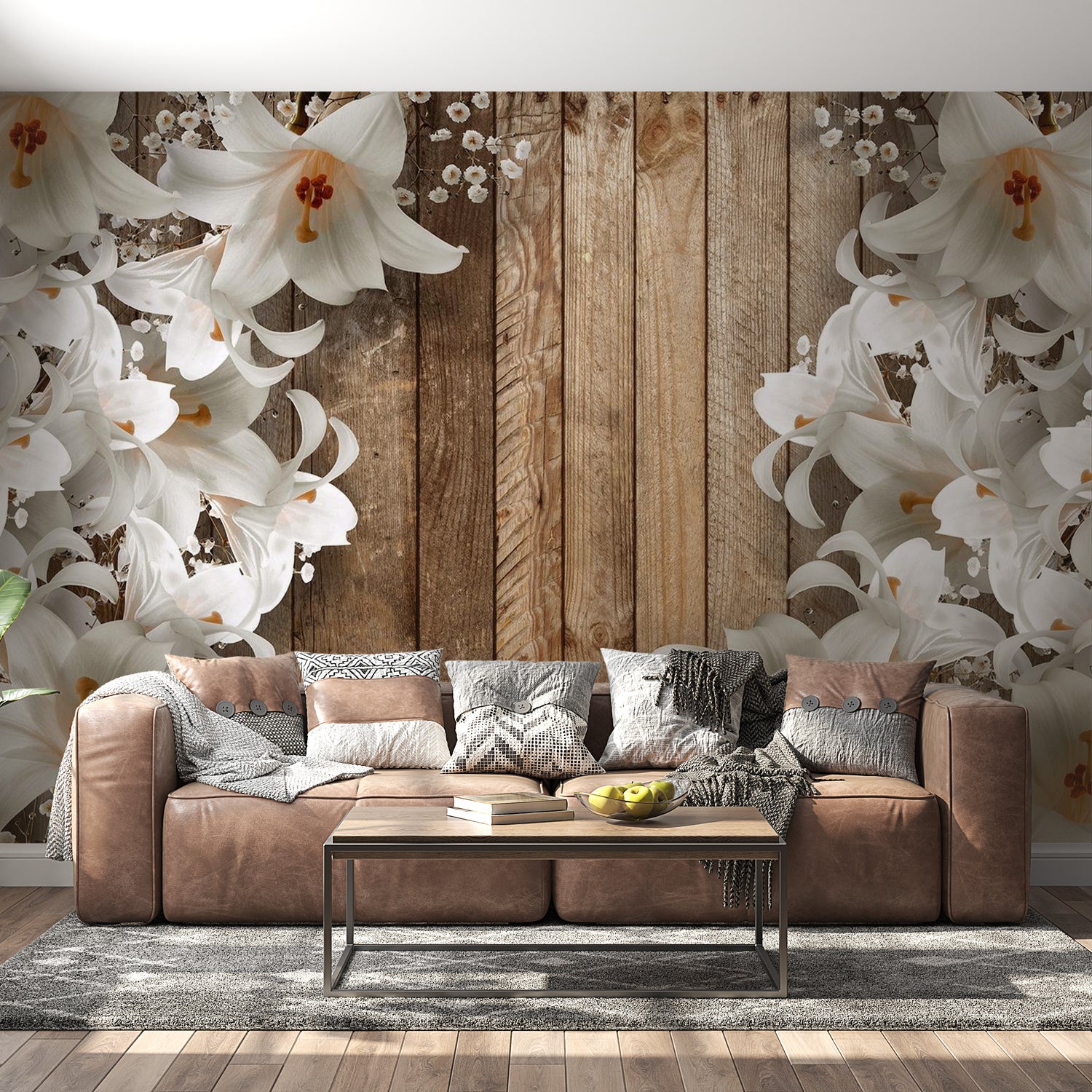 Peel & Stick Floral Wall Mural - Lilies And Wood Boards - Removable Wall Decals