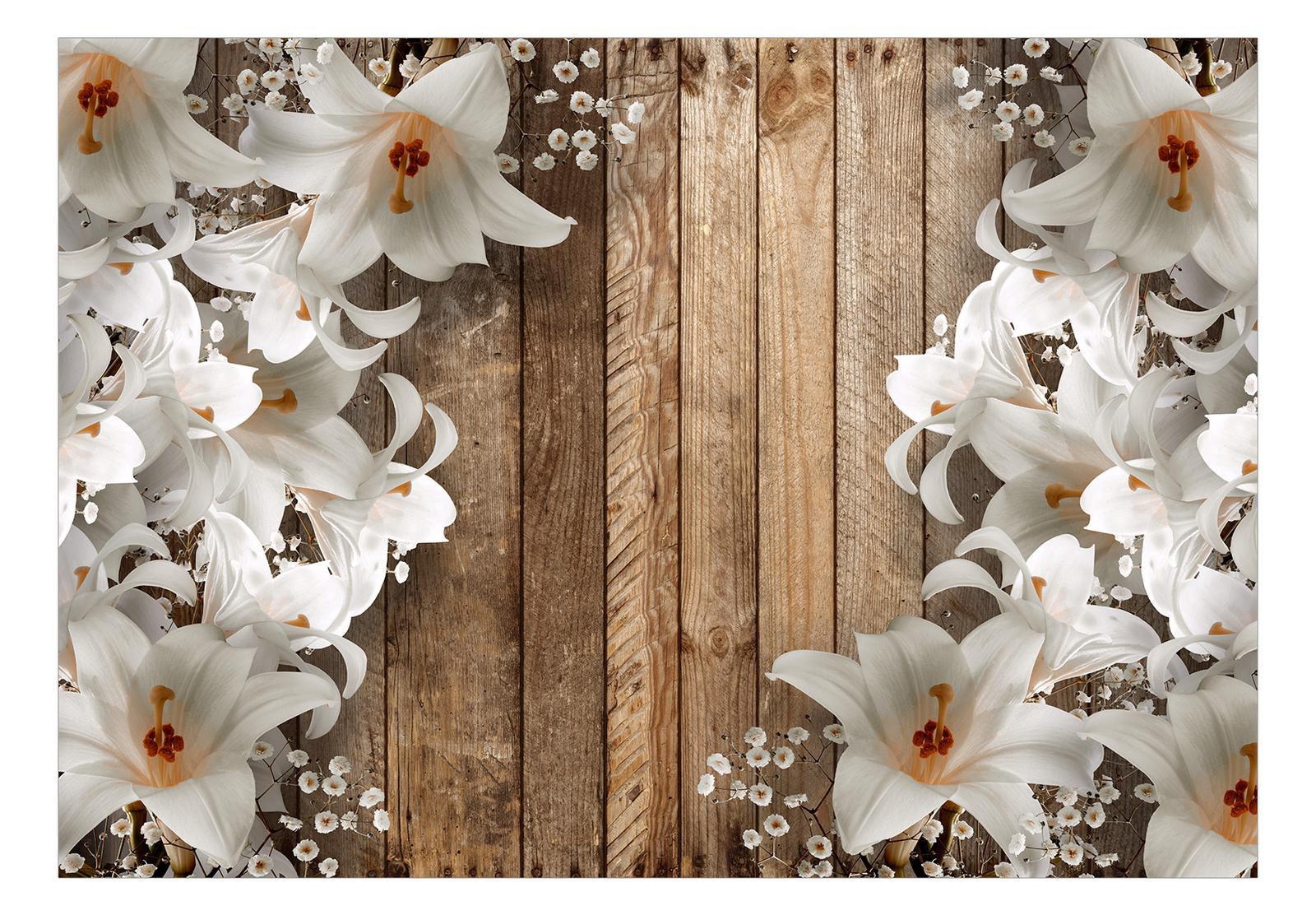 Peel & Stick Floral Wall Mural - Lilies And Wood Boards - Removable Wall Decals