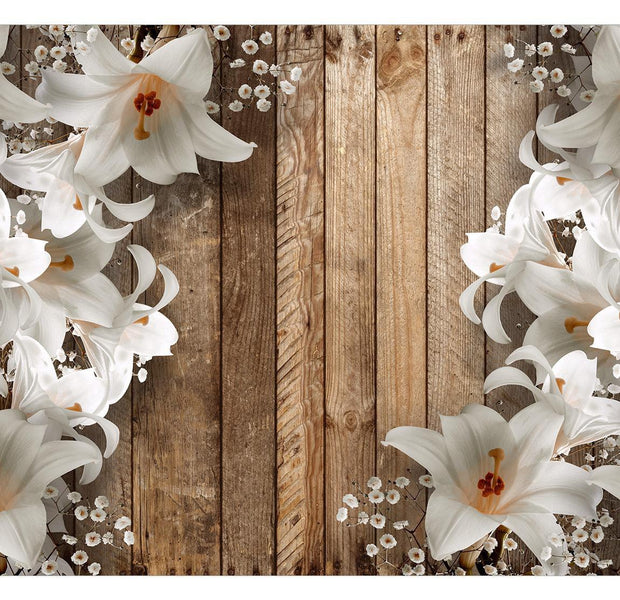 Peel & Stick Floral Wall Mural - Lilies And Wood Boards - Removable Wall Decals
