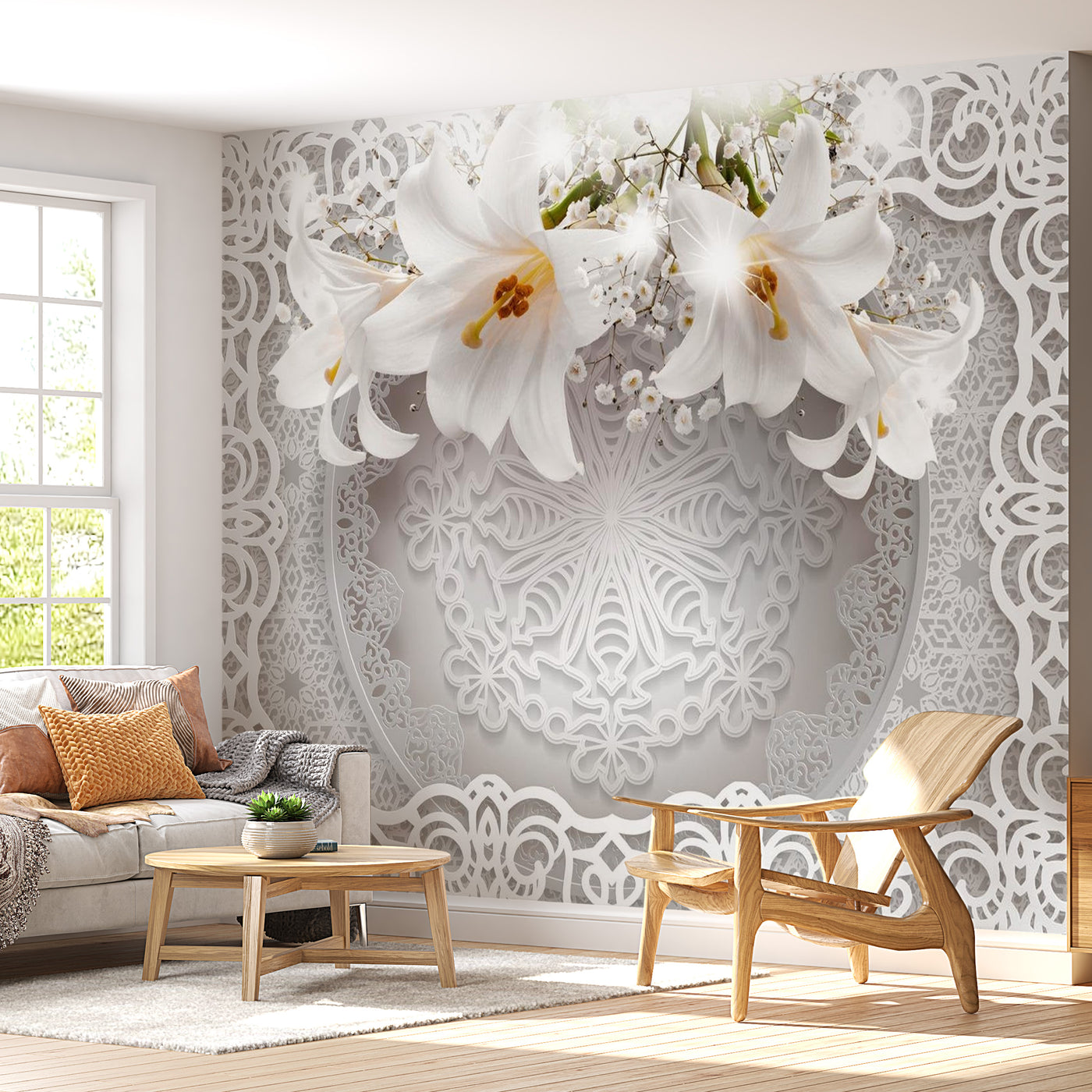 Peel & Stick Floral Wall Mural - Lilies And Ornaments - Removable Wall Decals