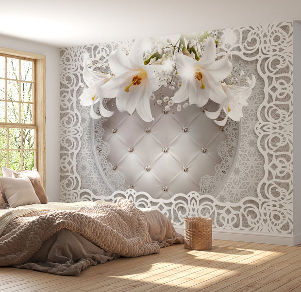 Peel & Stick Floral Wall Mural - Lilies And Quilted Background - Removable Wall Decals